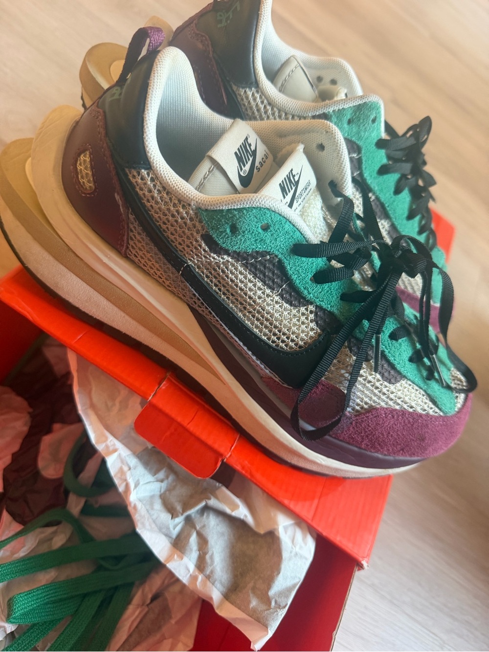 Nike Women's Multi-Panel Runner in Green, Burgundy & Black Sacai Vapor waffle